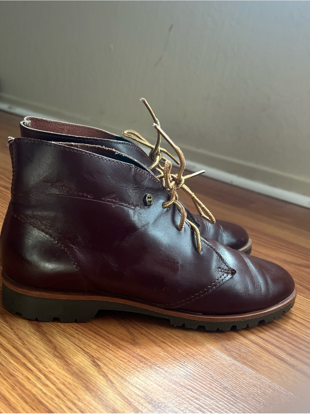 Etienne Aigner Burgundy Leather Ankle Booties with Tan Laces - Picture 3 of 10